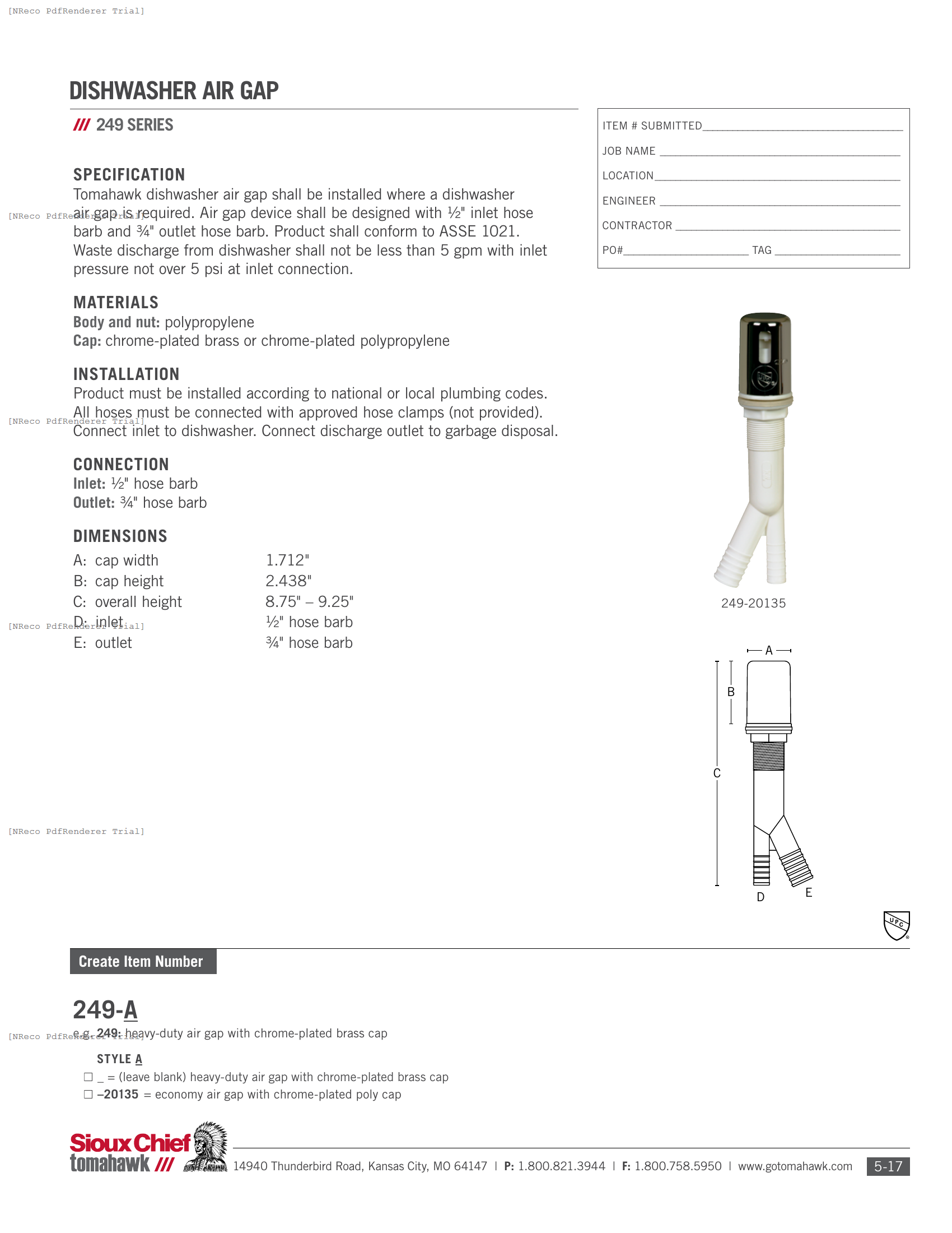 249 SERIES - DISHWASHER AIR GAP - SPEC SHEET.PDF Specification Document